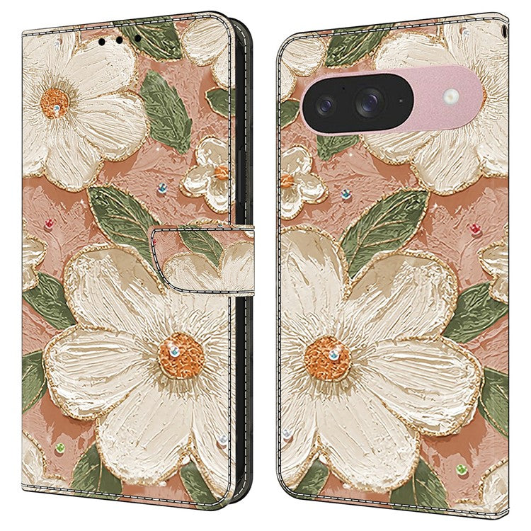 For Google Pixel 9 Pro  /  Pixel 9 Case Pattern Printing Anti-Drop Leather Flip Wallet Phone Cover - Beige Flowers