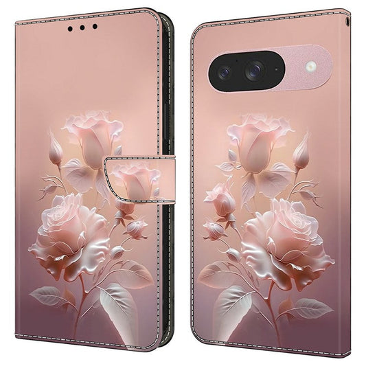 For Google Pixel 9 Pro  /  Pixel 9 Case Pattern Printing Anti-Drop Leather Flip Wallet Phone Cover - Ceramic Rose