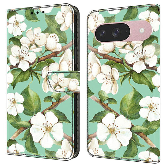 For Google Pixel 9 Pro  /  Pixel 9 Case Pattern Printing Anti-Drop Leather Flip Wallet Phone Cover - Watercolor Flowers