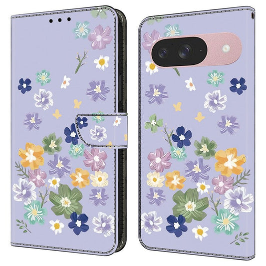 For Google Pixel 9 Pro  /  Pixel 9 Case Pattern Printing Anti-Drop Leather Flip Wallet Phone Cover - Purple Floral