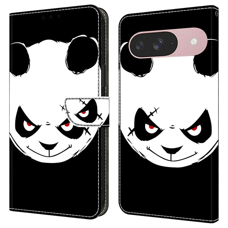 For Google Pixel 9 Pro  /  Pixel 9 Case Pattern Printing Anti-Drop Leather Flip Wallet Phone Cover - Angry Panda
