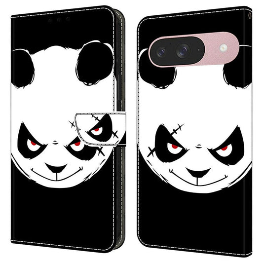 For Google Pixel 9 Pro  /  Pixel 9 Case Pattern Printing Anti-Drop Leather Flip Wallet Phone Cover - Angry Panda
