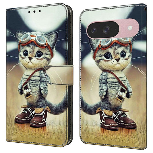 For Google Pixel 9 Pro  /  Pixel 9 Case Pattern Printing Anti-Drop Leather Flip Wallet Phone Cover - Naughty Cat