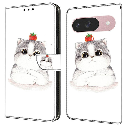 For Google Pixel 9 Pro  /  Pixel 9 Case Pattern Printing Anti-Drop Leather Flip Wallet Phone Cover - Cute Cat