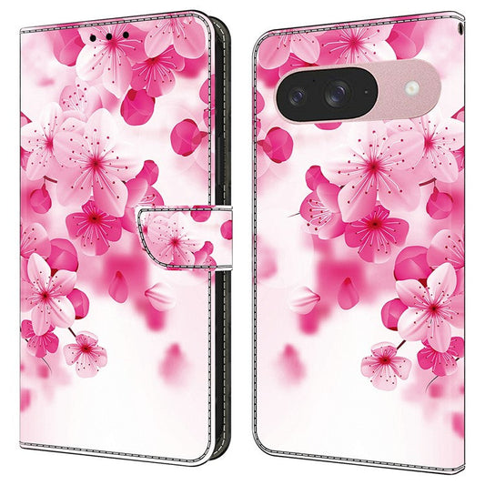For Google Pixel 9 Pro  /  Pixel 9 Case Pattern Printing Anti-Drop Leather Flip Wallet Phone Cover - Red Flowers