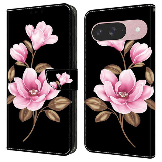 For Google Pixel 9 Pro  /  Pixel 9 Case Pattern Printing Anti-Drop Leather Flip Wallet Phone Cover - Black  /  Flowers