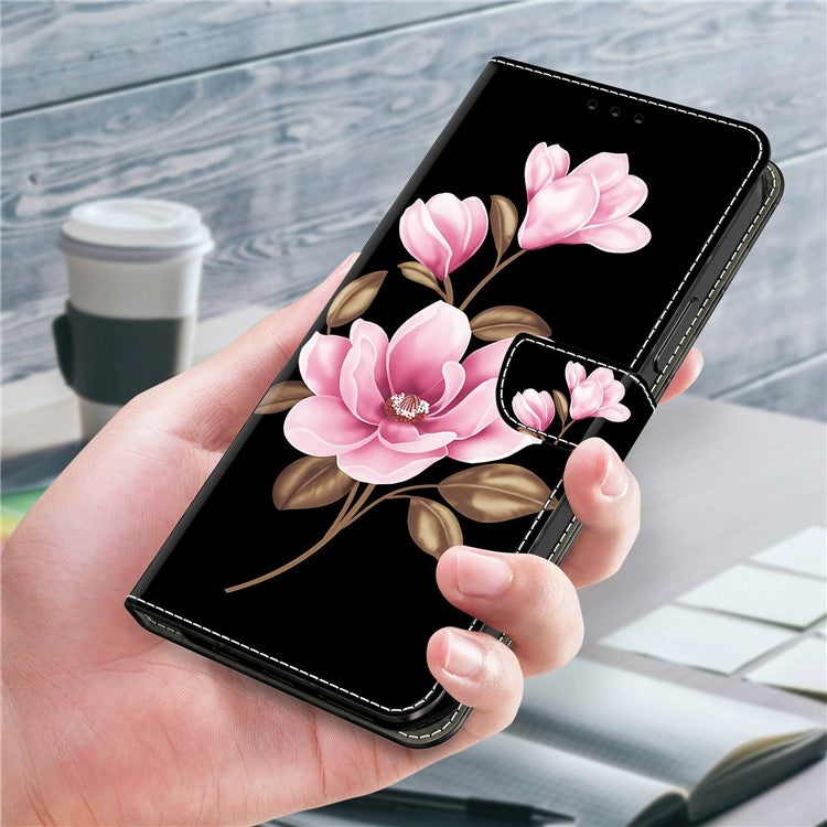 For Google Pixel 9 Pro  /  Pixel 9 Case Pattern Printing Anti-Drop Leather Flip Wallet Phone Cover - Black  /  Flowers