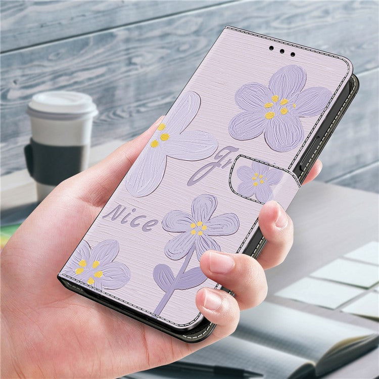 For iPhone 16 Pro Case Pattern Printing Anti-Drop Leather Flip Wallet Phone Cover - Purple Flowers