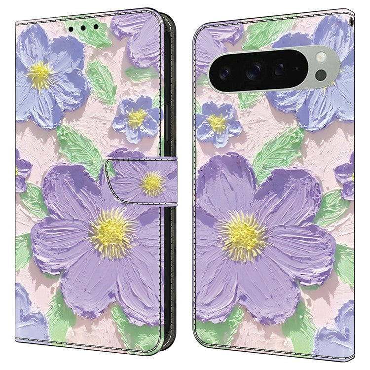 For Google Pixel 9 Pro XL Case Pattern Printing Anti-Drop Leather Flip Wallet Phone Cover - Oil Painting Purple Flowers