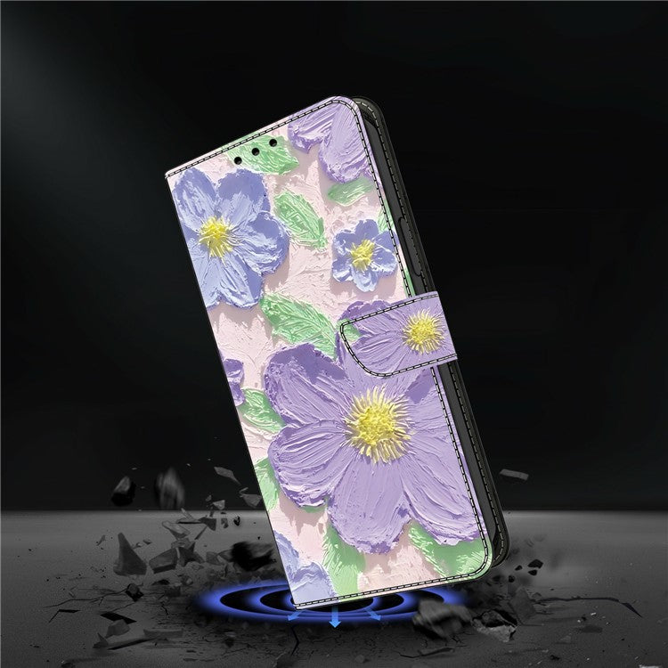 For Google Pixel 9 Pro XL Case Pattern Printing Anti-Drop Leather Flip Wallet Phone Cover - Oil Painting Purple Flowers