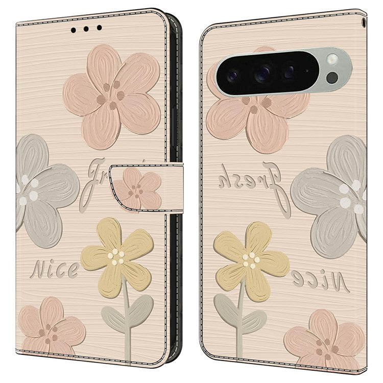 For Google Pixel 9 Pro XL Case Pattern Printing Anti-Drop Leather Flip Wallet Phone Cover - Fresh Flowers