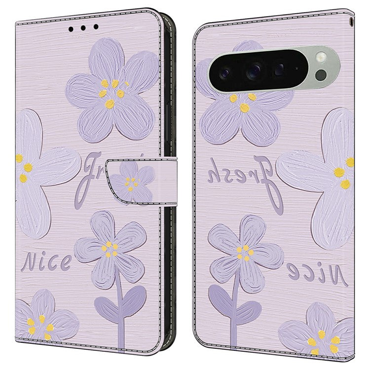 For Google Pixel 9 Pro XL Case Pattern Printing Anti-Drop Leather Flip Wallet Phone Cover - Purple Flowers