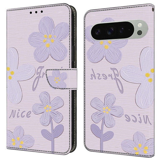 For Google Pixel 9 Pro XL Case Pattern Printing Anti-Drop Leather Flip Wallet Phone Cover - Purple Flowers