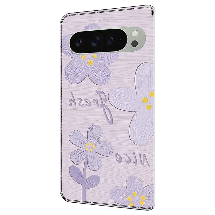 For Google Pixel 9 Pro XL Case Pattern Printing Anti-Drop Leather Flip Wallet Phone Cover - Purple Flowers