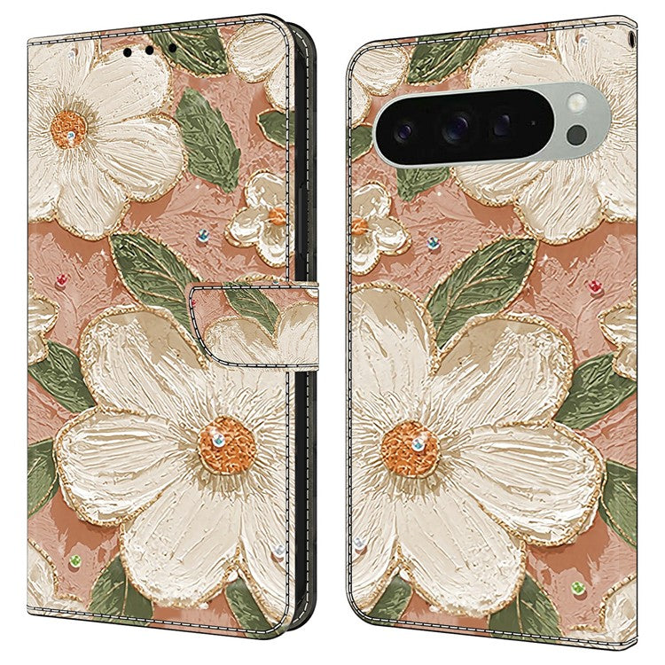 For Google Pixel 9 Pro XL Case Pattern Printing Anti-Drop Leather Flip Wallet Phone Cover - Beige Flowers