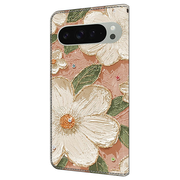 For Google Pixel 9 Pro XL Case Pattern Printing Anti-Drop Leather Flip Wallet Phone Cover - Beige Flowers