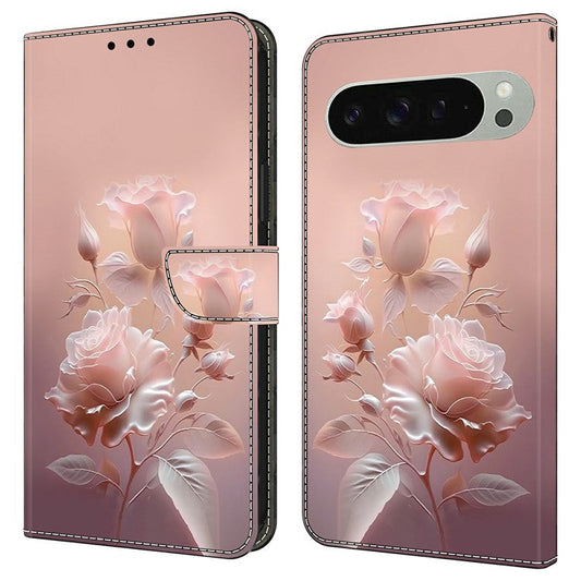 For Google Pixel 9 Pro XL Case Pattern Printing Anti-Drop Leather Flip Wallet Phone Cover - Ceramic Rose