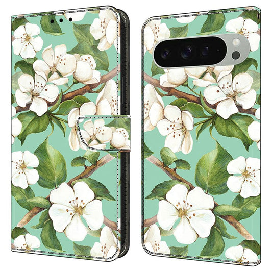 For Google Pixel 9 Pro XL Case Pattern Printing Anti-Drop Leather Flip Wallet Phone Cover - Watercolor Flowers