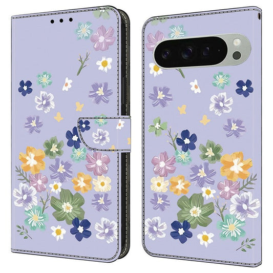 For Google Pixel 9 Pro XL Case Pattern Printing Anti-Drop Leather Flip Wallet Phone Cover - Purple Floral