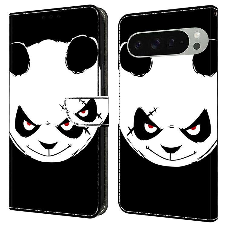 For Google Pixel 9 Pro XL Case Pattern Printing Anti-Drop Leather Flip Wallet Phone Cover - Angry Panda