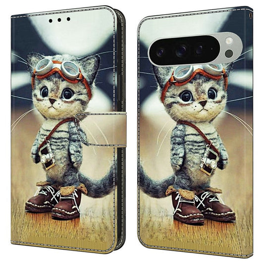 For Google Pixel 9 Pro XL Case Pattern Printing Anti-Drop Leather Flip Wallet Phone Cover - Naughty Cat