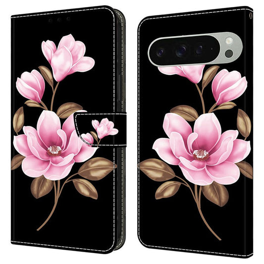 For Google Pixel 9 Pro XL Case Pattern Printing Anti-Drop Leather Flip Wallet Phone Cover - Black  /  Flowers