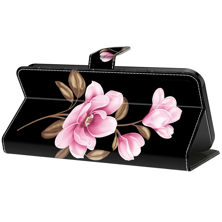 For Google Pixel 9 Pro XL Case Pattern Printing Anti-Drop Leather Flip Wallet Phone Cover - Black  /  Flowers