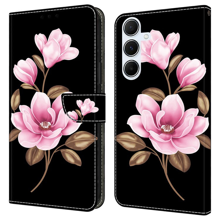 For Samsung Galaxy A56 5G  /  A36 5G Case Pattern Printing Anti-Drop Leather Flip Wallet Phone Cover - Black  /  Flowers