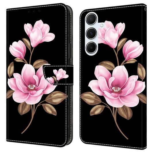 For Samsung Galaxy A56 5G  /  A36 5G Case Pattern Printing Anti-Drop Leather Flip Wallet Phone Cover - Black  /  Flowers