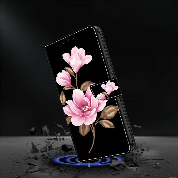 For Samsung Galaxy A56 5G  /  A36 5G Case Pattern Printing Anti-Drop Leather Flip Wallet Phone Cover - Black  /  Flowers