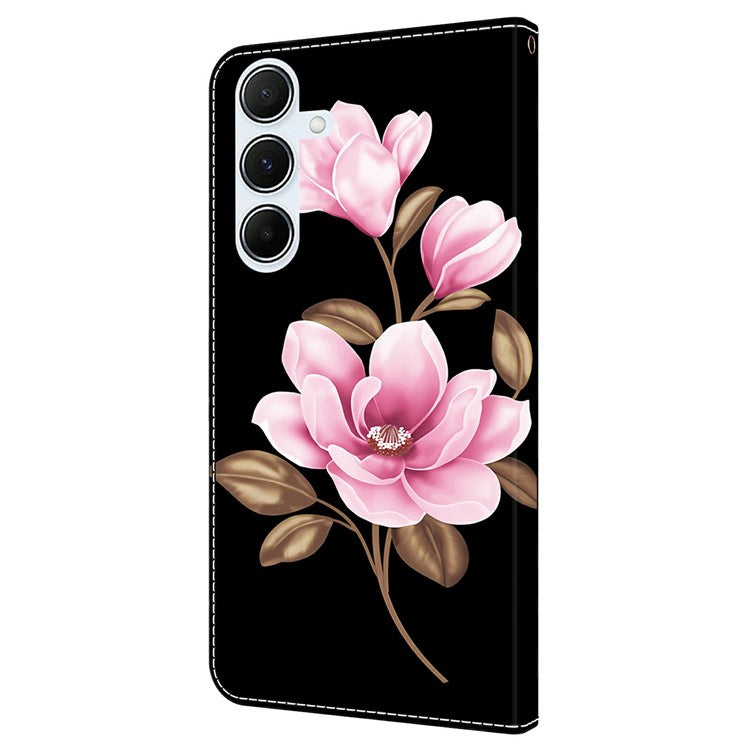 For Samsung Galaxy A56 5G  /  A36 5G Case Pattern Printing Anti-Drop Leather Flip Wallet Phone Cover - Black  /  Flowers
