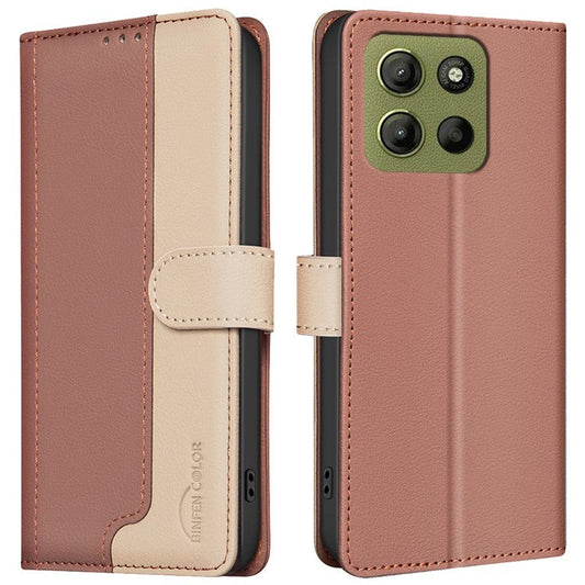 BINFEN COLOR BF33 for Motorola Moto G15 4G Leather Case Splicing Color RFID Blocking - Brown