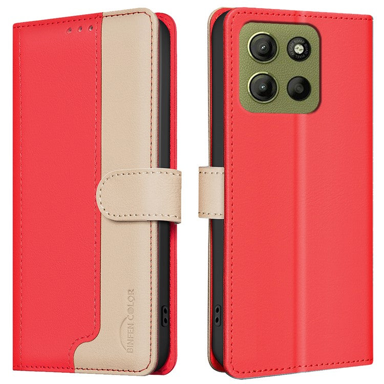 BINFEN COLOR BF33 for Motorola Moto G15 4G Leather Case Splicing Color RFID Blocking - Red