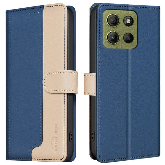 BINFEN COLOR BF33 for Motorola Moto G15 4G Leather Case Splicing Color RFID Blocking - Blue