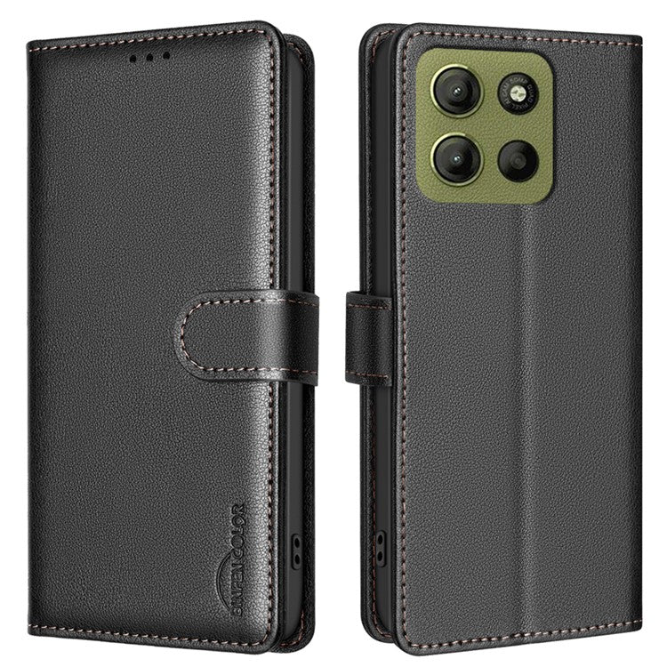 BINFEN COLOR BF32 For Motorola Moto G15 4G Leather Case Wallet RFID Blocking Phone Cover - Black