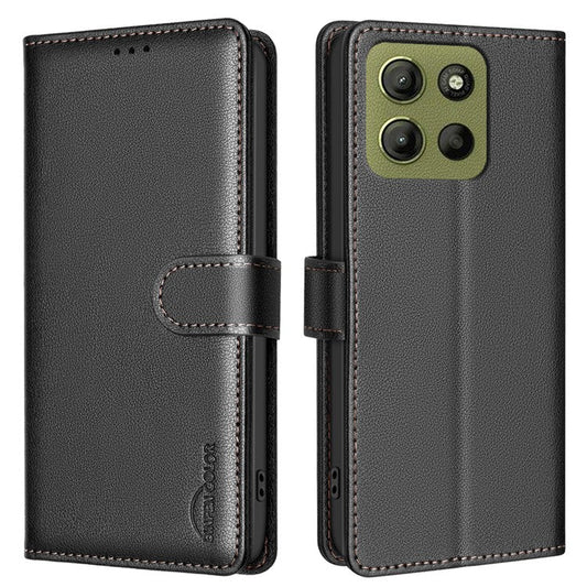 BINFEN COLOR BF32 For Motorola Moto G15 4G Leather Case Wallet RFID Blocking Phone Cover - Black