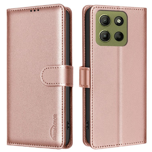 BINFEN COLOR BF32 For Motorola Moto G15 4G Leather Case Wallet RFID Blocking Phone Cover - Rose Gold