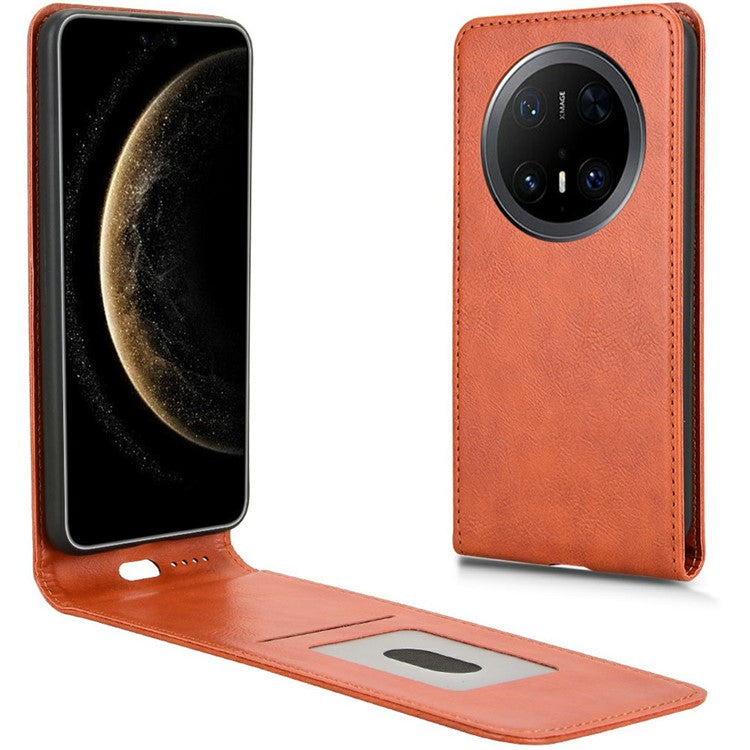 For Huawei Mate 70 Pro / Mate 70 Pro+ Case with Card Slot Magnetic Vertical Flip Leather Phone Cover - Orange