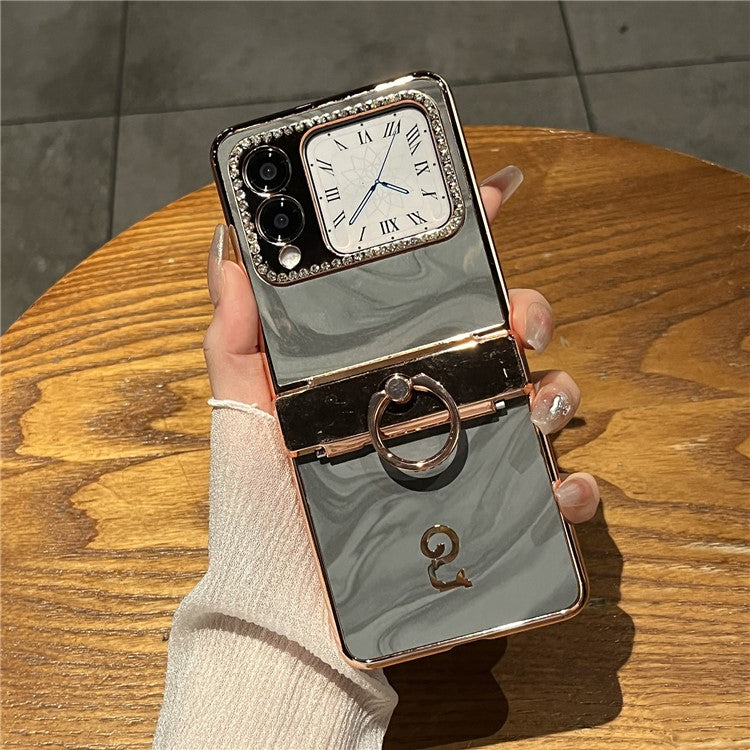 For Huawei nova Flip 5G Case Ring Holder Rhinestone Decor PU Leather PC Folding Phone Cover - Grey