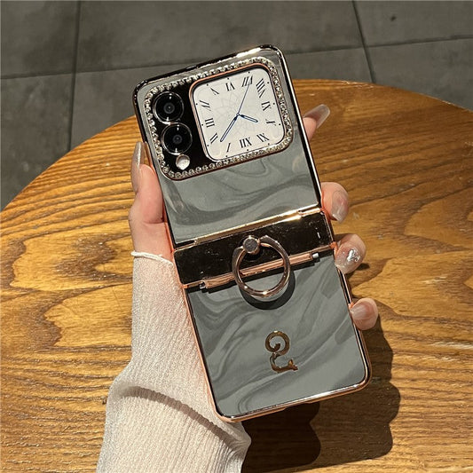 For Huawei nova Flip 5G Case Ring Holder Rhinestone Decor PU Leather PC Folding Phone Cover - Grey