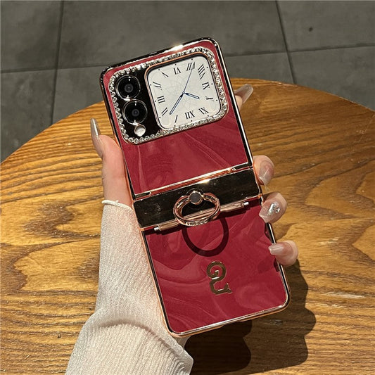 For Huawei nova Flip 5G Case Ring Holder Rhinestone Decor PU Leather PC Folding Phone Cover - Red