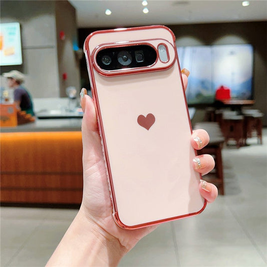 For Google Pixel 9 Pro XL Case TPU Phone Back Cover Electroplating Heart Pattern - Rose Pink