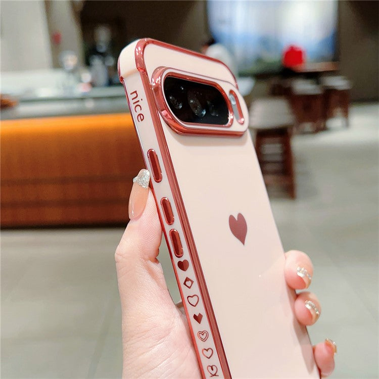 For Google Pixel 9 Pro XL Case TPU Phone Back Cover Electroplating Heart Pattern - Rose Pink