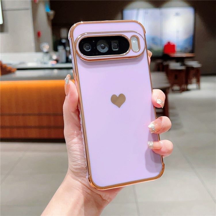 For Google Pixel 9 Pro XL Case TPU Phone Back Cover Electroplating Heart Pattern - Purple