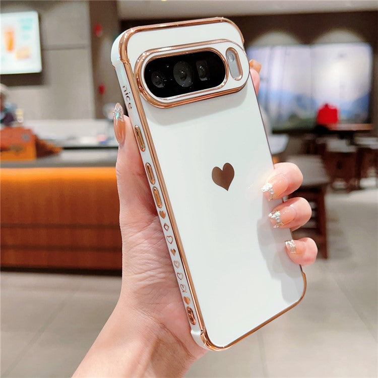 For Google Pixel 9 Pro XL Case TPU Phone Back Cover Electroplating Heart Pattern - Ivory White