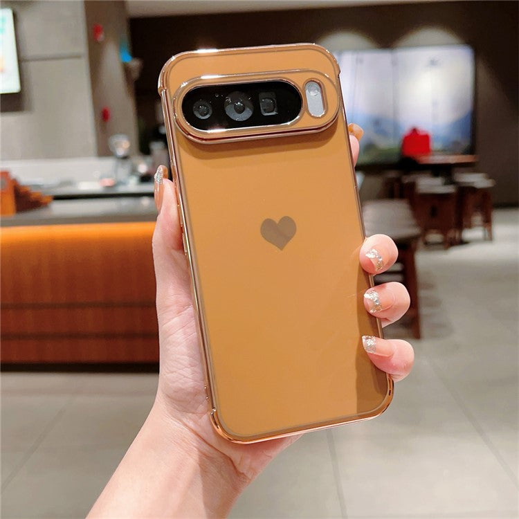 For Google Pixel 9 Pro XL Case TPU Phone Back Cover Electroplating Heart Pattern - Brown
