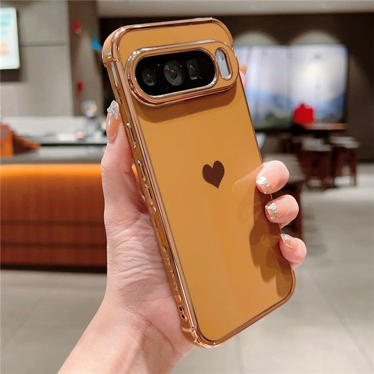 For Google Pixel 9 Pro XL Case TPU Phone Back Cover Electroplating Heart Pattern - Brown