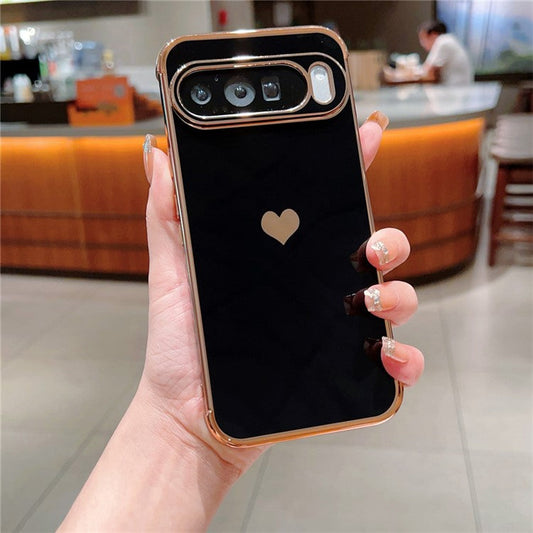 For Google Pixel 9 Pro XL Case TPU Phone Back Cover Electroplating Heart Pattern - Black