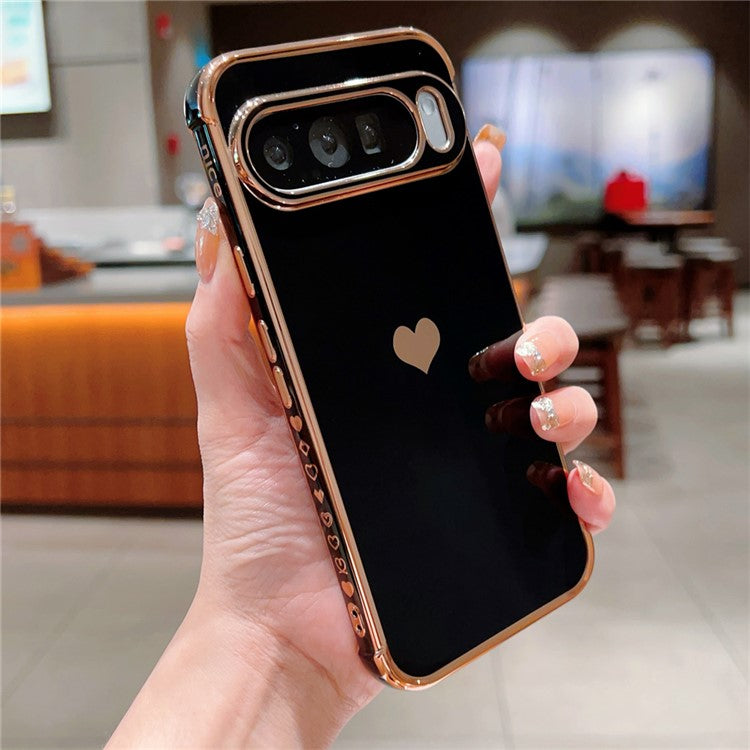 For Google Pixel 9 Pro XL Case TPU Phone Back Cover Electroplating Heart Pattern - Black