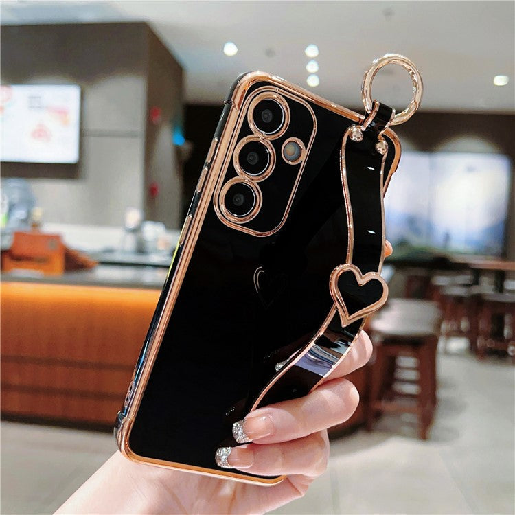 For Samsung Galaxy A16 5G / A16 4G Case Electroplated Heart Pattern TPU Phone Back Cover with Wristband Kickstand - Black